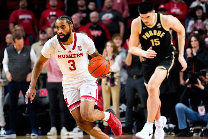 Nebraska guard Brice Williams dribbles upcourt after getting a rebound during the second half Tuesday night at Pinnacle Bank Arena in Lincoln. (Jan 9, 2024)